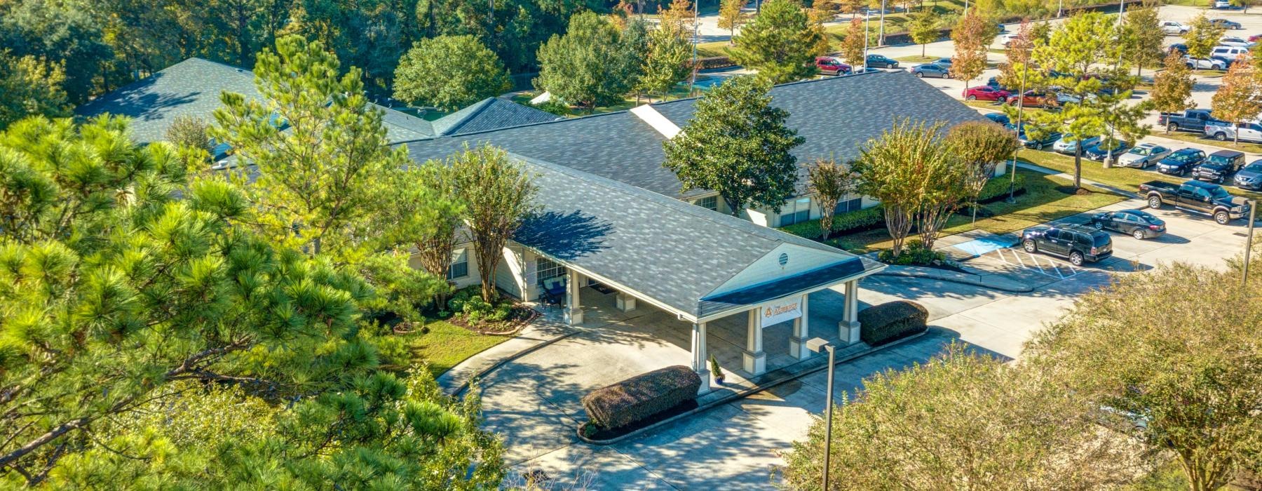 a building with trees around it